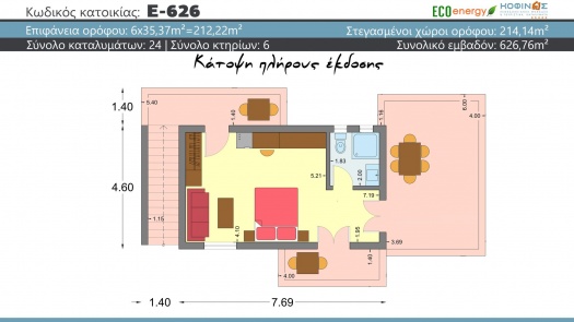 Συγκρότημα κατοικιών E-626, συνολικής επιφάνειας (18×23,03)+(6×35.37) = 626,75 τ.μ., συνολική επιφάν