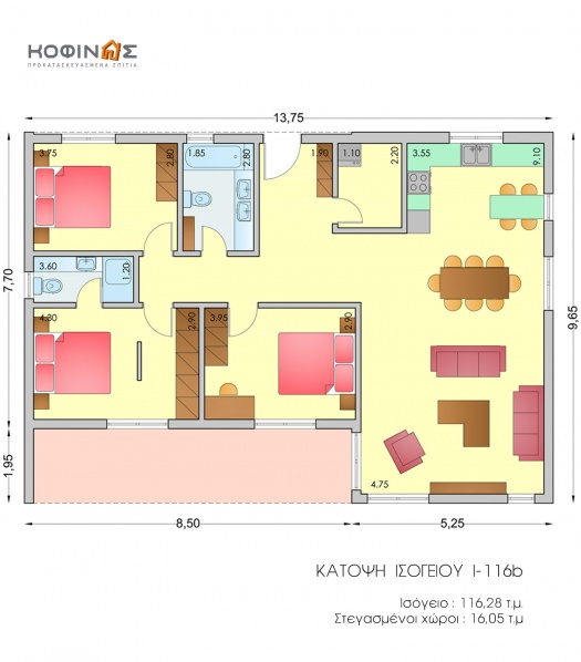 Ισόγεια Κατοικία I-116b, συνολικής επιφάνειας 116,80 τ.μ.